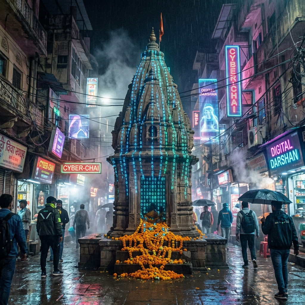 Ancient Shiva Shrine with Glowing Binary Code