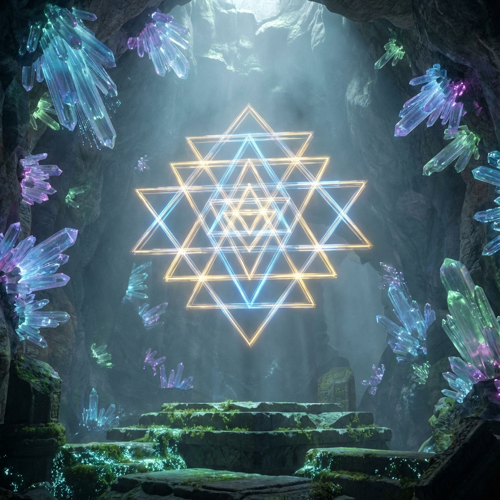 Glowing Digital Yantra Hologram in Crystal Cave